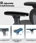 3D adjustable PU armrests of ergonomic office chair with footrest for long hours, featuring height and rotation adjustments