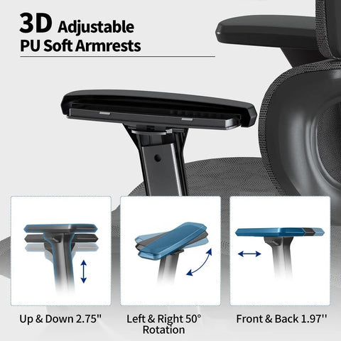 3D adjustable PU armrests of ergonomic office chair with footrest for long hours, featuring height and rotation adjustments