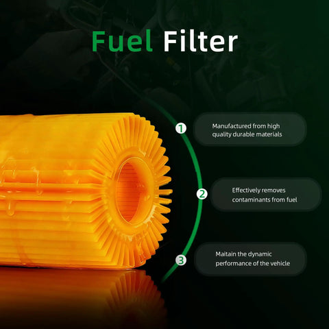 Close-up of a Universal Inline Fuel Filter Pack 10 3/8 Inch showing orange filter material and text describing benefits.