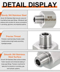 Detail display of Two Pack 304 Stainless Steel Female To Male NPT Pipe Fittings One Quarter Inch Female NPT To One Eighth Inch Male NPT