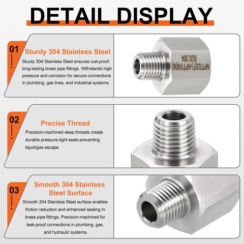 Detail display of Two Pack 304 Stainless Steel Female To Male NPT Pipe Fittings One Quarter Inch Female NPT To One Eighth Inch Male NPT