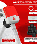 Portable Fuel Transfer Pump With Auto Stop 3.8 GPM 51 Inch Hose Battery Or USB Powered 4 Can Adapters shown with accessories