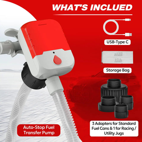 Portable Fuel Transfer Pump With Auto Stop 3.8 GPM 51 Inch Hose Battery Or USB Powered 4 Can Adapters shown with accessories