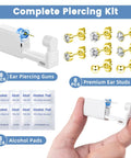 All In One Ear Piercing Kit With Disposable Piercing Guns And Cubic Zirconia Stud Earrings Eight Guns Three Styles Of CZ Earrings And 3mm Ball Ear Studs Cleaning Wipes For Safe At Home Piercing Gold, 8 guns and 8 pads