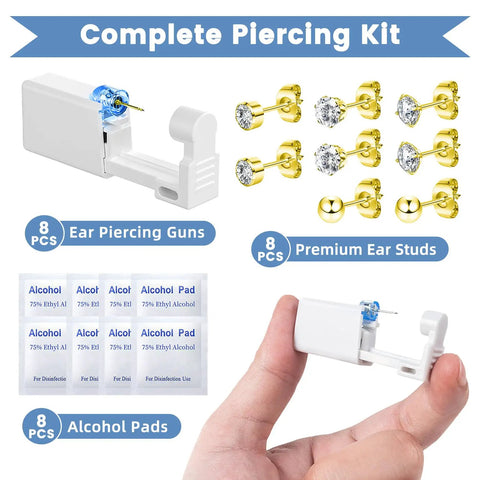 All In One Ear Piercing Kit With Disposable Piercing Guns And Cubic Zirconia Stud Earrings Eight Guns Three Styles Of CZ Earrings And 3mm Ball Ear Studs Cleaning Wipes For Safe At Home Piercing Gold, 8 guns and 8 pads