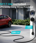 Level 2 EV Charger With 48 Amp 240V NEMA 14-50 Plug connected to a car, showcasing 25FT cables and a sleek LCD screen.