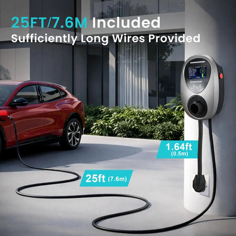 Level 2 EV Charger With 48 Amp 240V NEMA 14-50 Plug connected to a car, showcasing 25FT cables and a sleek LCD screen.