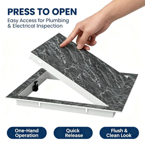 Hand pressing Aluminum Alloy Press To Open Drywall Access Panel Invisible Hidden Wall Cover for plumbing access.