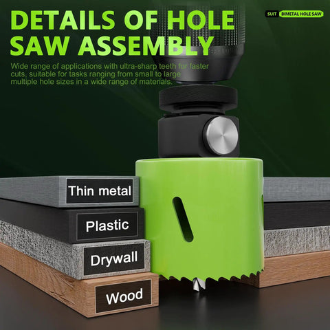 19-Piece Bi-Metal Hole Saw Kit With Quick Change Arbors cutting through wood, drywall, plastic, thin metal