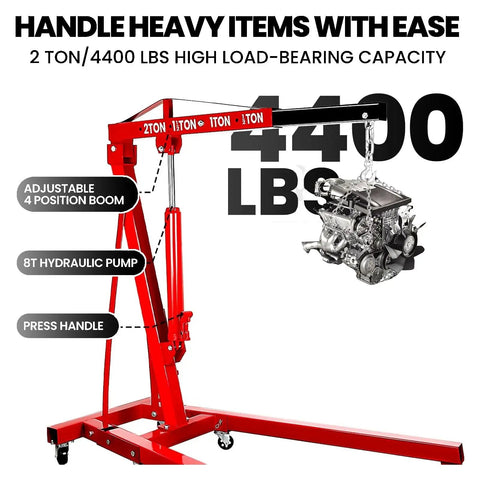 Heavy Duty Engine Hoist Leveler And Foldable Hydraulic Cherry Picker Crane Built Tough For Serious Garage Jobs That Handles Massive Engines Like A Dream Without Breaking A Sweat showing a 2 ton capacity red crane with adjustable boom lifting an engine.