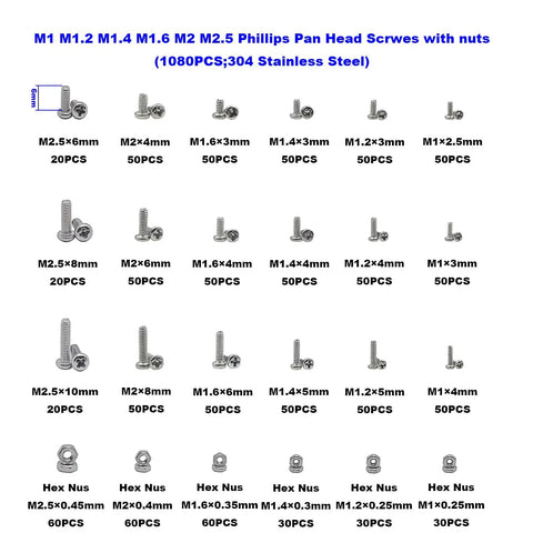 Metric Tiny Machine Screws And Nuts Set M1 M1.2 M1.4 M1.6 M2 M2.5 304 Stainless Steel Phillips Pan Head Assortment Kit image