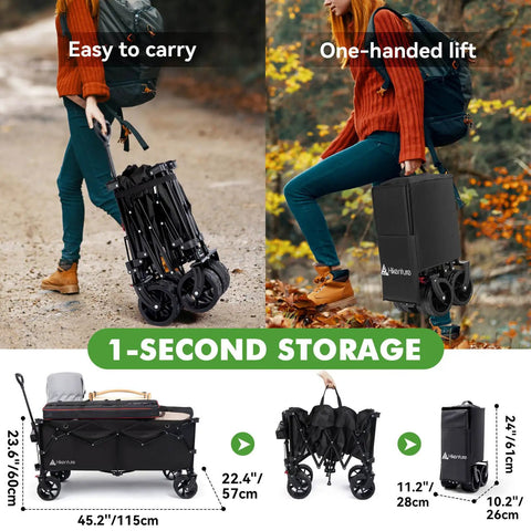 Heavy Duty Foldable Wagon With 500 Lb Capacity And Big Beach Wheels, Extended Triple Capacity Utility Cart folded for storage