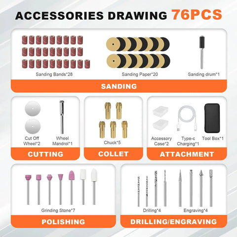 Mini Cordless Rotary Tool Kit With 76 Piece Accessory Set 5 Speed 3.7V Rechargeable Hand Tool accessories diagram