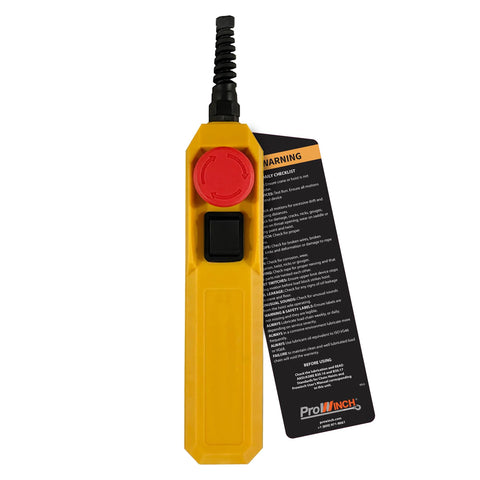 ProWinch electric hoist remote control, yellow housing with red dial and black switch.