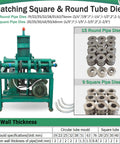 Heavy-Duty Electric Tube Pipe Bender Machine With Round And Square Dies For Metal Fabrication Welding Projects Professional Tool showing dies and machine specifications.