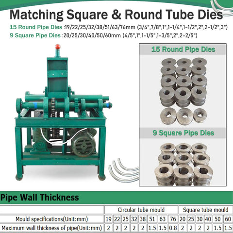 Heavy-Duty Electric Tube Pipe Bender Machine With Round And Square Dies For Metal Fabrication Welding Projects Professional Tool showing dies and machine specifications.