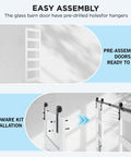 Double Glass Barn Door Set With 6 Ft Sliding Hardware Kit Included, Frosted 5 Panel Design, easy assembly features shown