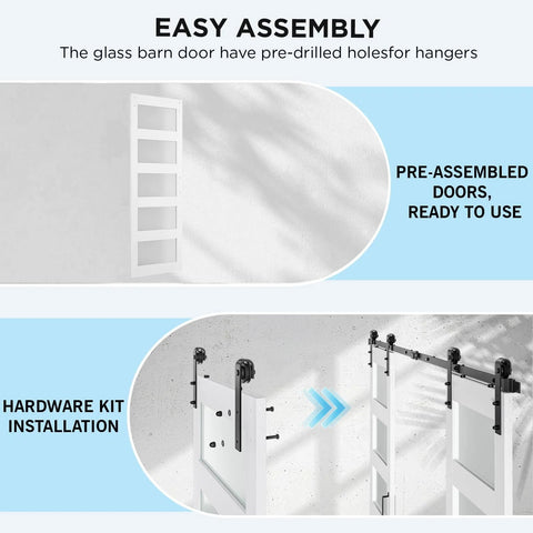 Double Glass Barn Door Set With 6 Ft Sliding Hardware Kit Included, Frosted 5 Panel Design, easy assembly features shown