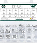 Oil Drain Plug Gasket Kit With 18 Size Aluminum Crush Washers, 1-2mm Thick, M6 To M24, Anti Leak, Corrosion Resistant Coating, Automotive Seal Kit For Precise Fit And Easy Install displayed in an open plastic organizer tray