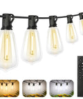 Remote Dimmable Outdoor String Lights, 50ft Run With 25+1 ST38 Edison Bulbs, 3 Color Modes 2700K 4000K 5000K, Waterproof Patio Gazebo