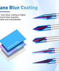 Premium CNC Wood Carving Router Bit Set With One Quarterly Inch Shank And Fifteen Through Ninety Degree Angles showing nano blue coated router bits.