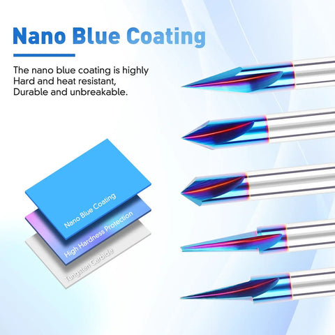 Premium CNC Wood Carving Router Bit Set With One Quarterly Inch Shank And Fifteen Through Ninety Degree Angles showing nano blue coated router bits.