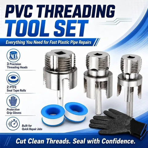 PVC Pipe Threader Kit For 1/2 3/4 1 Inch Plastic Pipes With Internal And External Threading Tool Drill Compatible Includes 3 Hex Adapters Gloves And Thread Seal Tape For Quick Pro Quality Pipe Connections.