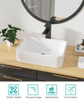 Rectangular White Vessel Sink 19x15 Inches For Above Counter Vanity, Modern Porcelain Ceramic Bathroom Basin on wooden countertop