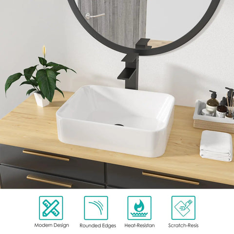 Rectangular White Vessel Sink 19x15 Inches For Above Counter Vanity, Modern Porcelain Ceramic Bathroom Basin on wooden countertop