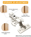 2 Pack Pro Grade Full Overlay Soft Close Cabinet Hinges 3D Adjustment diagram with measurements