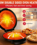 Super Cool 11 Inch Electric Quesadilla Maker With Extra Stuffing Latch Non Stick Plates Makes Easy Sliced Six Wedges showing even heating features.
