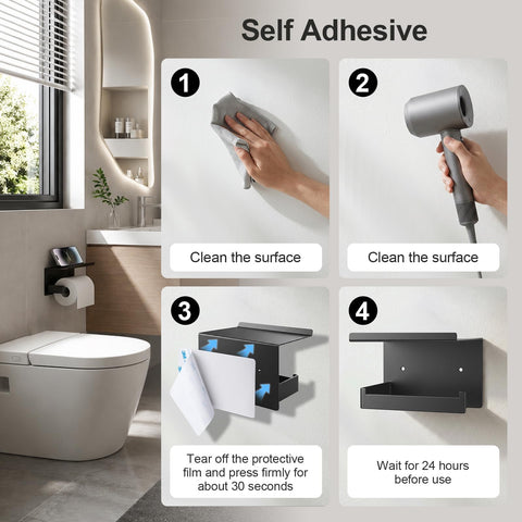Step-by-step installation instructions for Rock Solid Matte Black Toilet Paper Holder With Storage Shelf Wall Mount For Bathrooms.