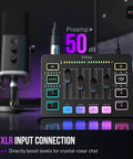 Streaming Ready Gaming Audio Mixer With RGB PC Interface, XLR Mic Input, Individual Channel Control, Volume Fader on desk