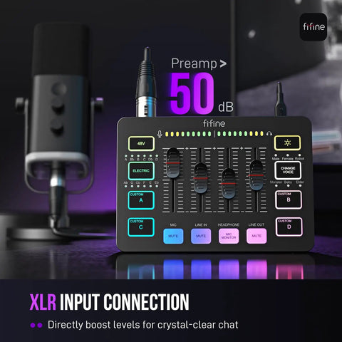 Streaming Ready Gaming Audio Mixer With RGB PC Interface, XLR Mic Input, Individual Channel Control, Volume Fader on desk