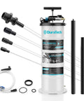 6.5L Oil Extractor Pump With Pneumatic And Manual Modes, showing tank, hoses, extensions, and pipe storage for automotive oil change.