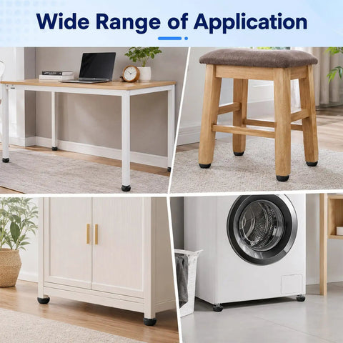 Rock Solid Adjustable Furniture Levelers Built From Tough 304 Stainless Steel and Heavy Duty Screw In Table Feet for Wobbly Chairs or Desks with Easy Twist Cabinet Glides in various furniture setups.