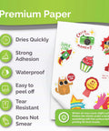Premium printable vinyl sticker paper by Amazon, 56 matte white sheets; waterproof, quick-drying; sticker sheet shown.