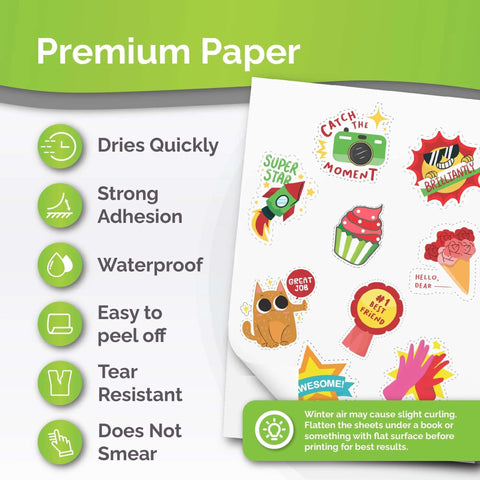 Premium printable vinyl sticker paper by Amazon, 56 matte white sheets; waterproof, quick-drying; sticker sheet shown.