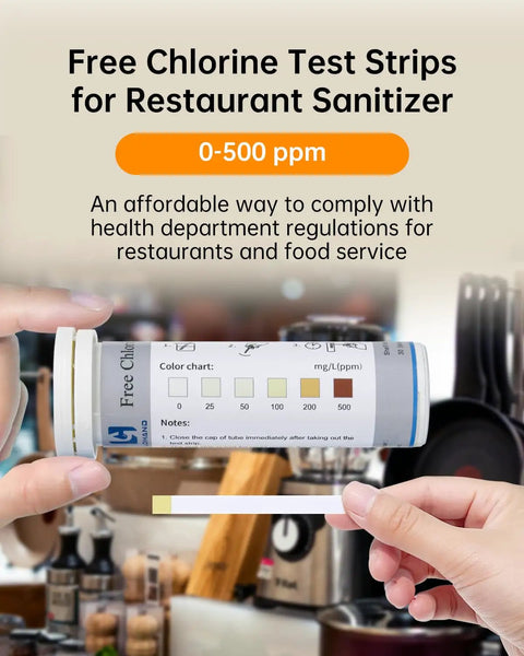 Chlorine Test Strips 0-500 PPM Pack of 100 for Restaurant Sanitizers and Bleach Disinfectants, label and strip in use