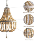 Close-up of Three Light Mini Wood Beaded Boho Plug In Chandelier With Dimmable Timer Pendant Lighting detailing wooden beads.