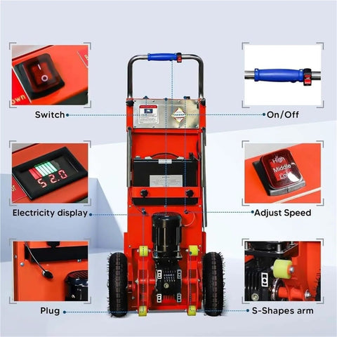 Heavy Duty Electric Stair Climbing Hand Truck With 660lb Capacity And Folding Design For Smooth Logistics Moving Of Furniture Effortlessly On Steps control panel features and motor.