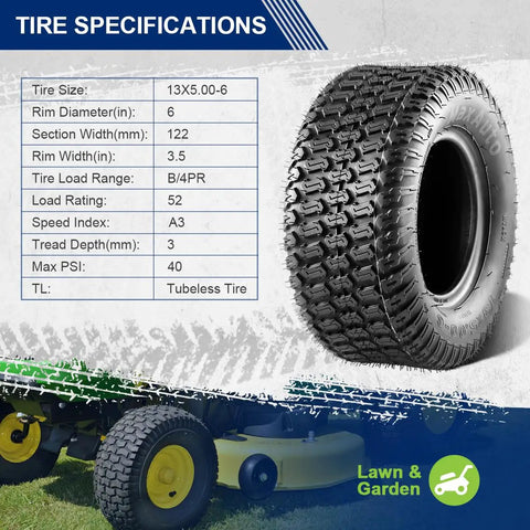 Two Pack 13x5.00-6 Turf Tires For Lawn And Garden Mower With 4PR Load Range Deep Traction Tread Not For Highway Use Tough For Yards