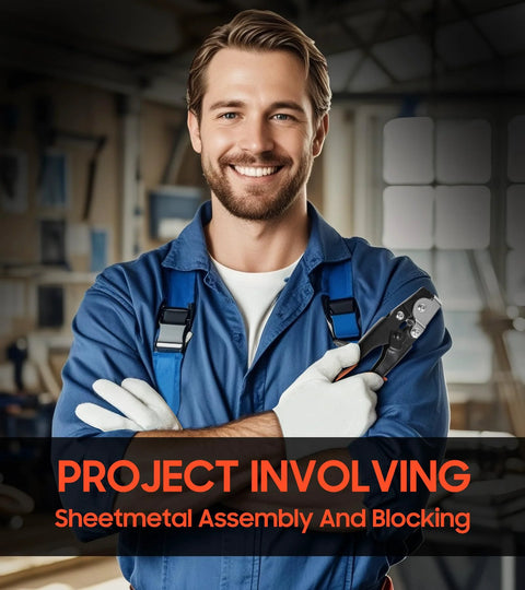 Technician smiling while holding snap lock gutter crimp tool for sheet metal assembly