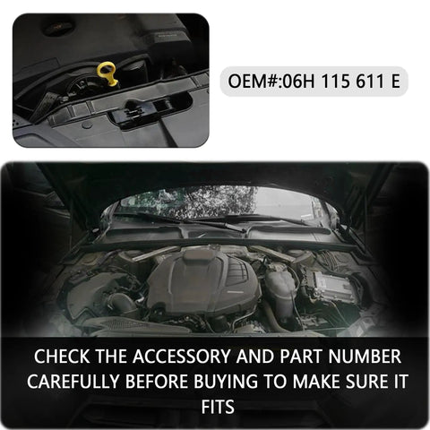 Audi A4 A5 Quattro 2.0T Oil Dipstick Replacement OEM 06H115611E shown in engine bay with part number label