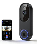 1080P Wireless Video Doorbell Camera For Outdoor Use And Smart Home Ready With AI Human Detection And Instant Alerts Night Vision Two Way Audio Cloud Storage FHD Live View Easy Setup 2.4G WiFi Only shown next to a smartphone displaying live video feed.