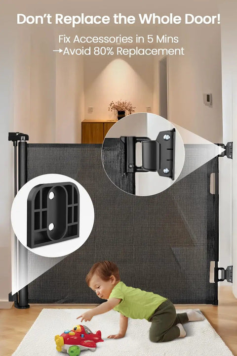 Top Tier Retractable Baby Gate Replacement Kit For 55 Inch Wide By 33 Inch Tall Doorways with slam proof latch and bracket.