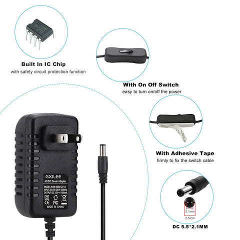 12V Power Adapter With Built In Switch For Easy On Off Control, 12W 1A, 2 Pack, Includes 3.9 Ft US Plug Cable And 5.5 Mm X 2.1 Mm Connector, Perfect For Under Cabinet Lighting And Quick Plug And Play DIY Install, black AC/DC adapter with switch and 5.5x2.1mm connector