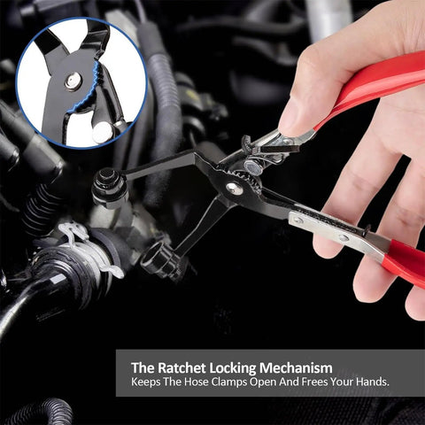 Rock Solid 9 Piece Hose Clamp Pliers Set With Flexible Shaft For Fast Repair And Damage Free Removal On Spring And Worm Gear Clamps Without Slipping In Tight Spots, red handled pliers on hose clamp