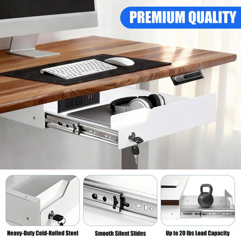 Kick Desk Chaos To The Curb With This Sleek Undermount Drawer Locker offering smooth ball bearing slides and a locking tray under a desk.