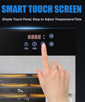 Smart touch screen controls of Straight Up Reliable Commercial Food Dehydrator With 12 Slick Trays for easy temperature adjustments.